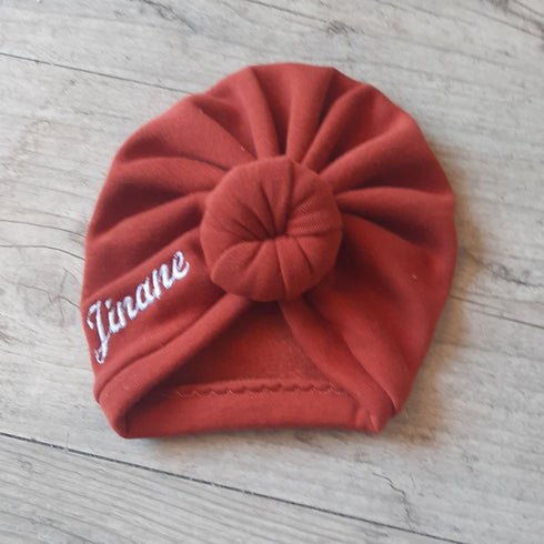 Turban bonnet nœud, buns ou simple personnalisable Prénom brodé tissu sweat fourré et chaud 15 couleurs